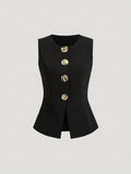 New Large Size Solid Metal Button Slim Sleeveless Top Elegant Plus Size Women's Vest Formal Occasion Fashion Items Top Cardigan