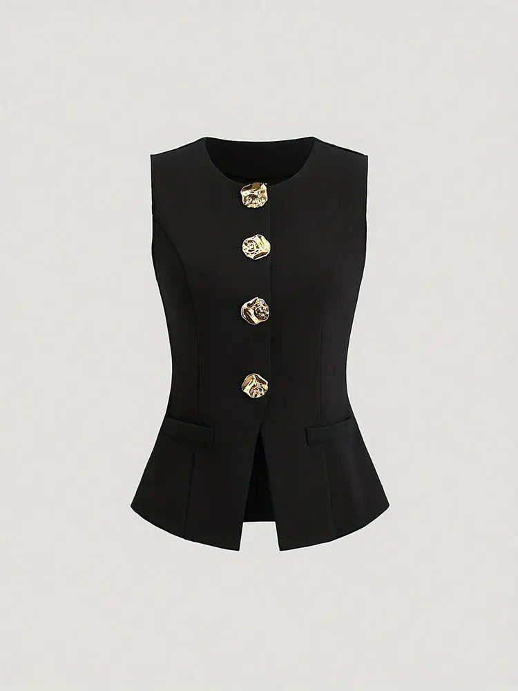 New Large Size Solid Metal Button Slim Sleeveless Top Elegant Plus Size Women's Vest Formal Occasion Fashion Items Top Cardigan