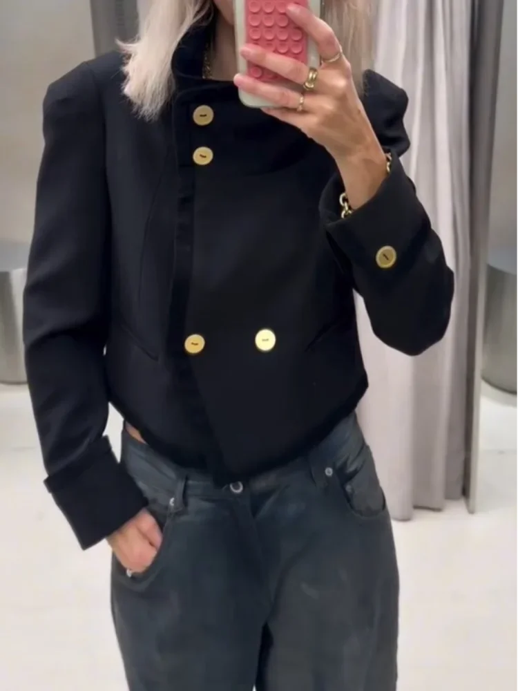 Women Black Stand Collar Short Coat Fashion Full Sleeve Lapel V-neck Single Breasted Jacket 2026 Lady Spring Commute Coats