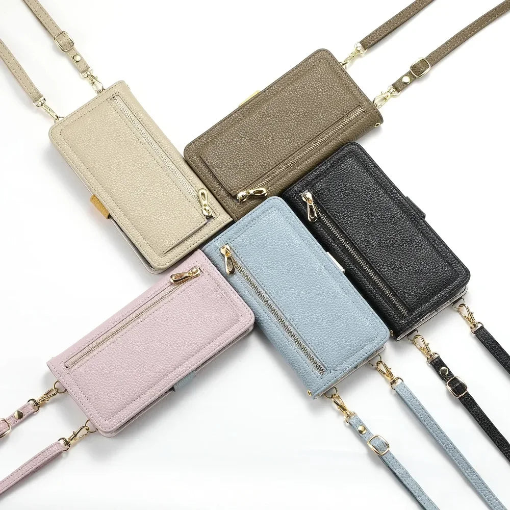 Zipper Wallet with Mirror Card Holder Crossbody Lanyard Case For iPhone 17 Air 16 Pro Max 15 Plus 14 13 12 16e PU Leather Cover