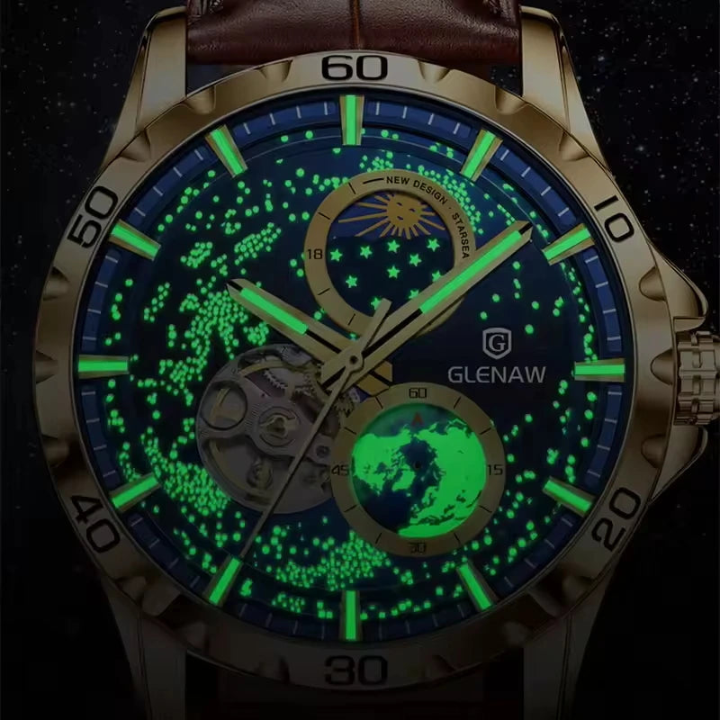 GLENAW Rotating Earth Double Second Hand Mechanical WristWatch Watch Men’s Starry Sky Stainless Steel Watchband Waterproof Watch