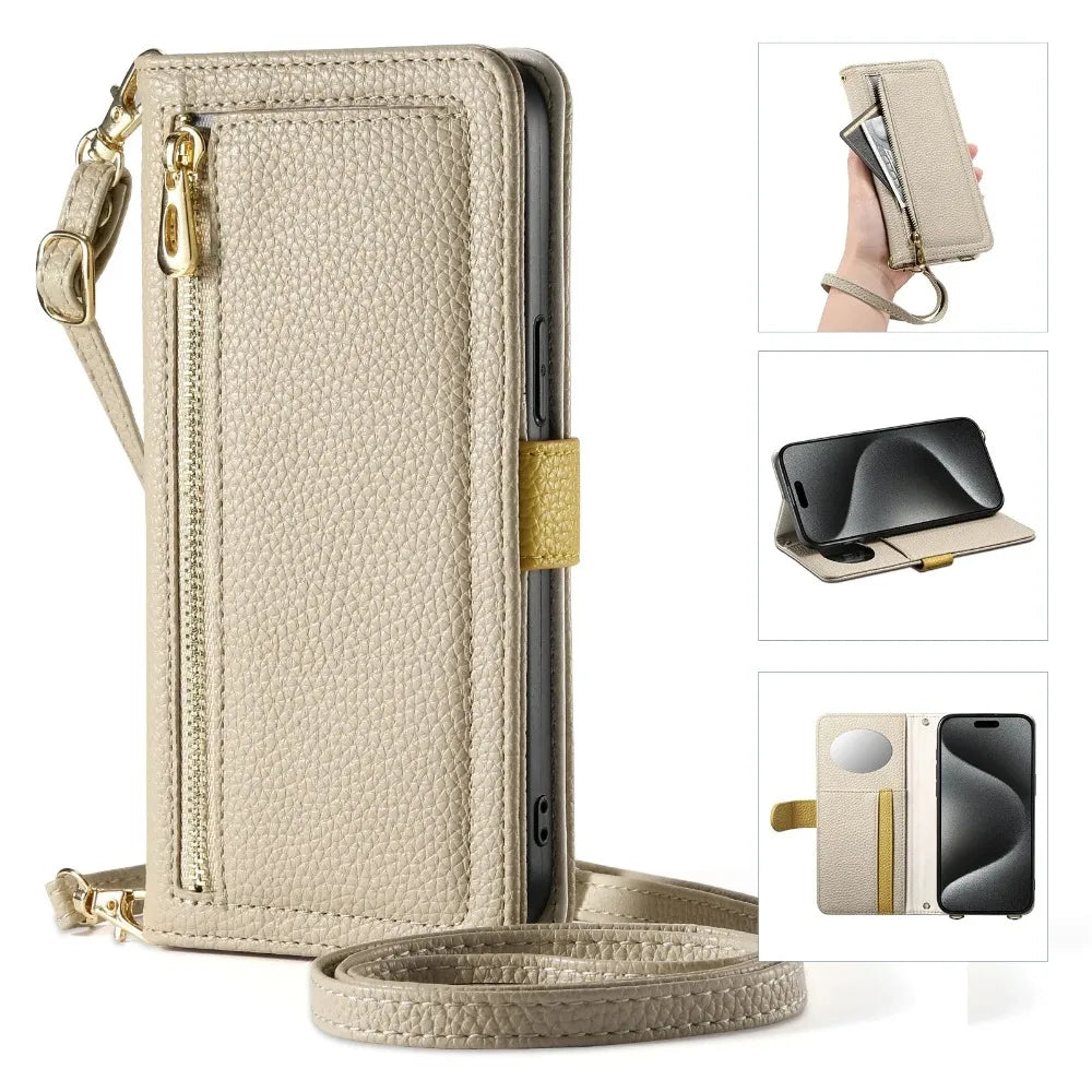 Zipper Wallet with Mirror Card Holder Crossbody Lanyard Case For iPhone 17 Air 16 Pro Max 15 Plus 14 13 12 16e PU Leather Cover