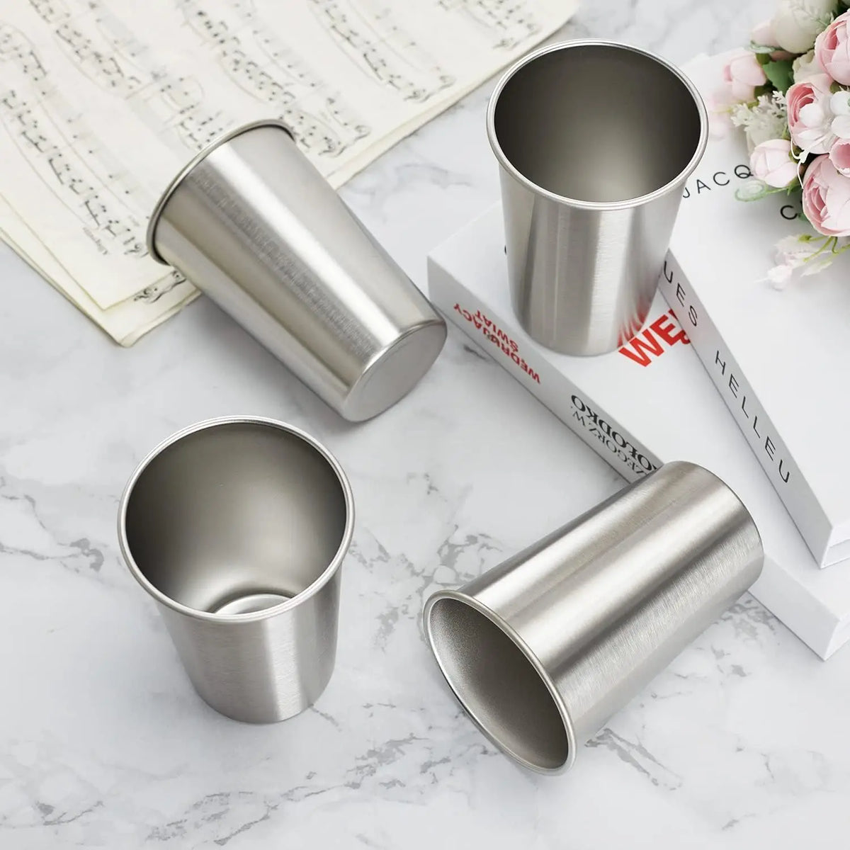 4 Pieces Stainless Steel Pint Cups 500ml Stainless Steel Tumblers Pint Camping Cups Drinking Glasses Stackable Metal Cups