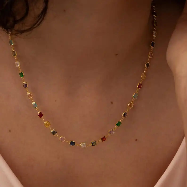 Iced Out Bling CZ Tennis Chain Rainbow Zirconia Colorful Necklace Top Quality Gold Color Hip Hop Fashion Women Choker Jewelry