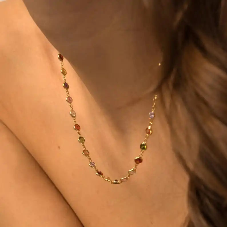 Iced Out Bling CZ Tennis Chain Rainbow Zirconia Colorful Necklace Top Quality Gold Color Hip Hop Fashion Women Choker Jewelry