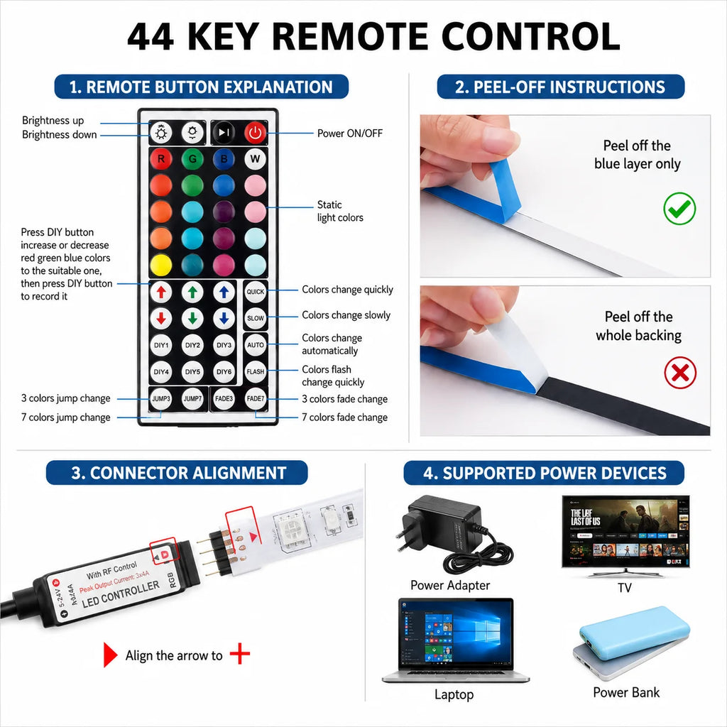 1M-40M Led Strip Lights with 44 Key Remote Control  RGB Tape Led Wall Room for Home Bedroom Party Decor TV Backlight