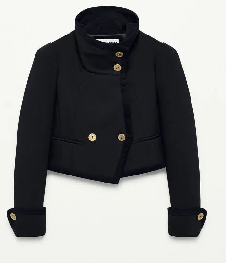 Women Black Stand Collar Short Coat Fashion Full Sleeve Lapel V-neck Single Breasted Jacket 2026 Lady Spring Commute Coats