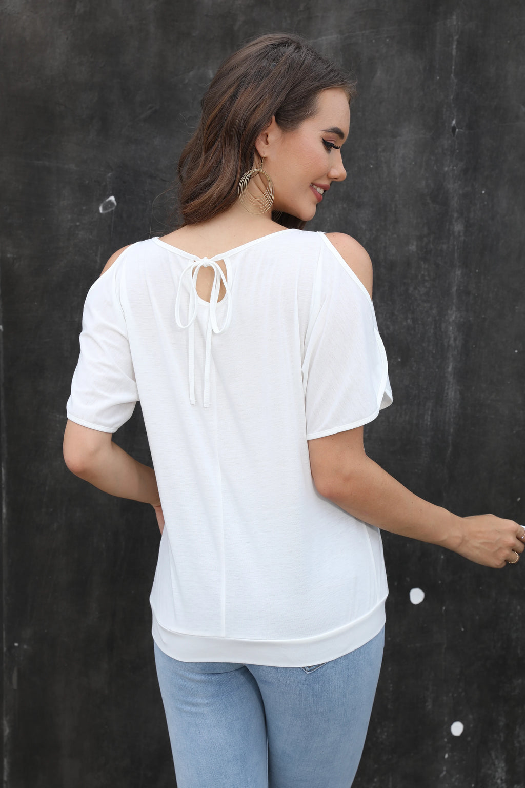 Women Cold Shoulder Short Sleeve T Shirts Back Tie Knot Loose Casual Solid White Blouse Summer Soft Tee Tops