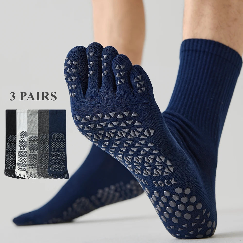 3 Pairs Grip Socks Men Non-Slip Professional Pilates Yoga Toe Socks Sports Cotton Five Finger Socks Anti-slip Middle Tube