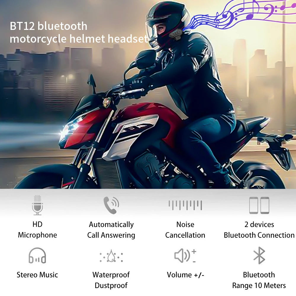Bluetooth 5.0 Motorcycle Helmet Headset Wireless Handsfree Stereo Earphone Speaker Waterproof Music Player for Motor Bike
