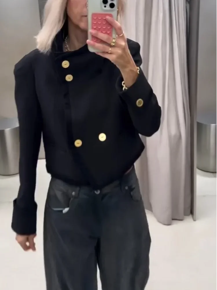 Women Black Stand Collar Short Coat Fashion Full Sleeve Lapel V-neck Single Breasted Jacket 2026 Lady Spring Commute Coats