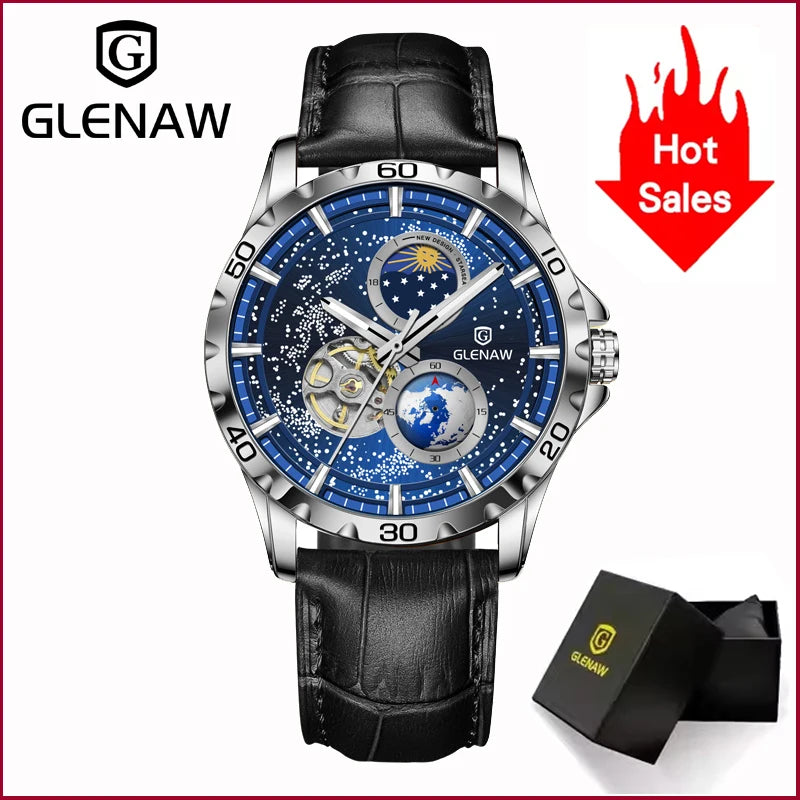 GLENAW Rotating Earth Double Second Hand Mechanical WristWatch Watch Men’s Starry Sky Stainless Steel Watchband Waterproof Watch