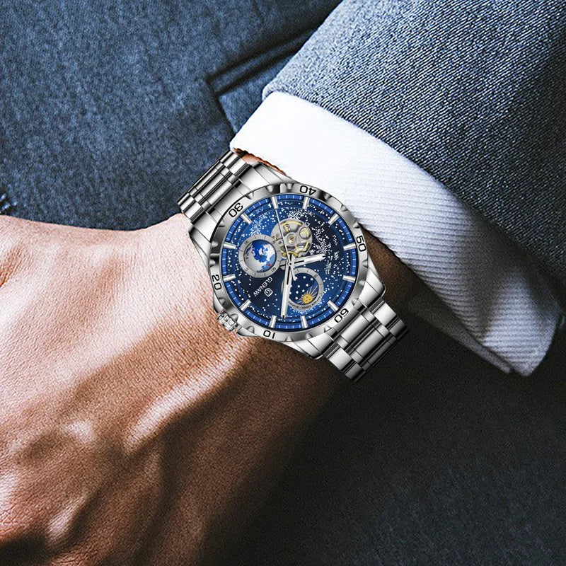 GLENAW Rotating Earth Double Second Hand Mechanical WristWatch Watch Men’s Starry Sky Stainless Steel Watchband Waterproof Watch