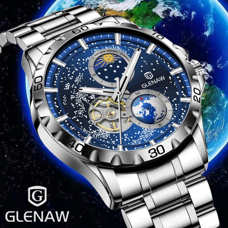 GLENAW Rotating Earth Double Second Hand Mechanical WristWatch Watch Men’s Starry Sky Stainless Steel Watchband Waterproof Watch