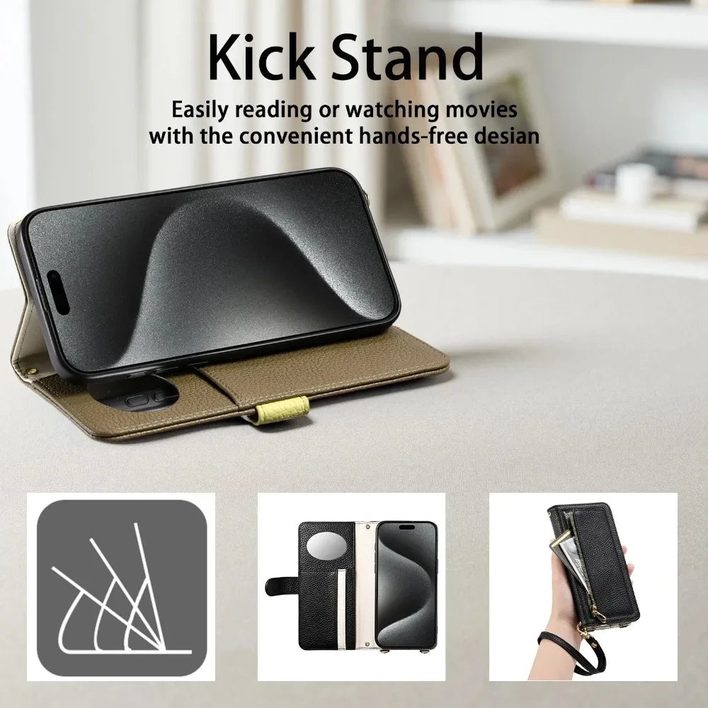 Zipper Wallet with Mirror Card Holder Crossbody Lanyard Case For iPhone 17 Air 16 Pro Max 15 Plus 14 13 12 16e PU Leather Cover