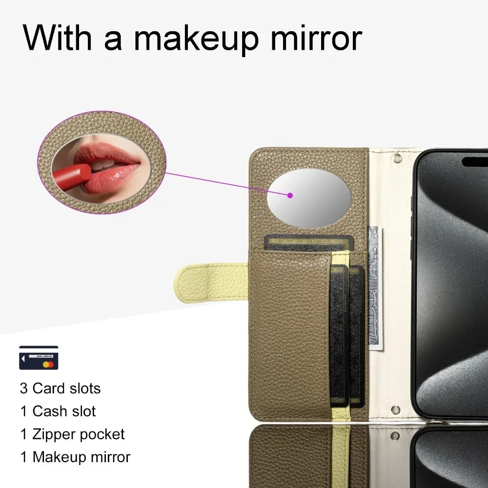 Zipper Wallet with Mirror Card Holder Crossbody Lanyard Case For iPhone 17 Air 16 Pro Max 15 Plus 14 13 12 16e PU Leather Cover