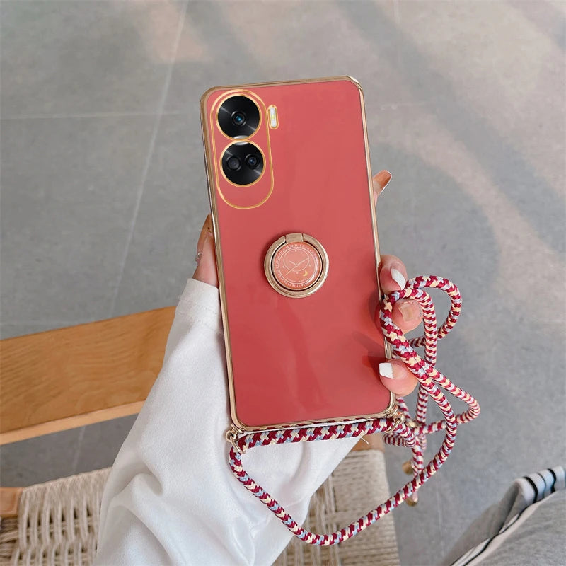 Honor90 Honor70 Honor50 Luxury Plating Ring Holder Crossbody Lanyard Case For Huawei Honor 90 70 50 Lite Cord Strap Cover 90lite