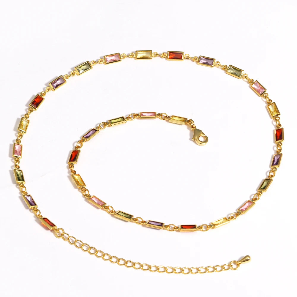 Iced Out Bling CZ Tennis Chain Rainbow Zirconia Colorful Necklace Top Quality Gold Color Hip Hop Fashion Women Choker Jewelry