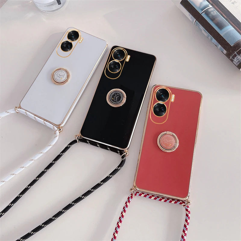 Honor90 Honor70 Honor50 Luxury Plating Ring Holder Crossbody Lanyard Case For Huawei Honor 90 70 50 Lite Cord Strap Cover 90lite