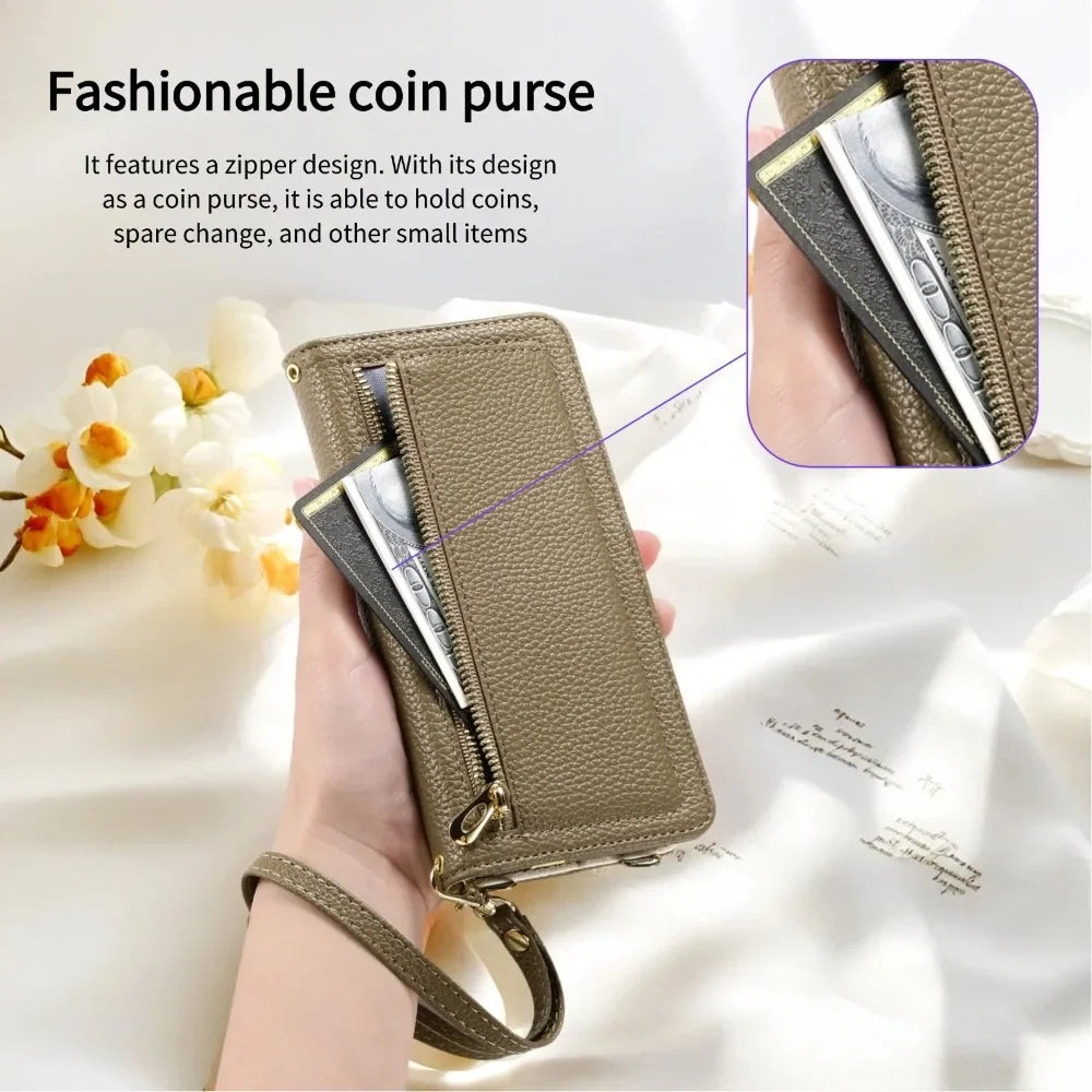 Zipper Wallet with Mirror Card Holder Crossbody Lanyard Case For iPhone 17 Air 16 Pro Max 15 Plus 14 13 12 16e PU Leather Cover